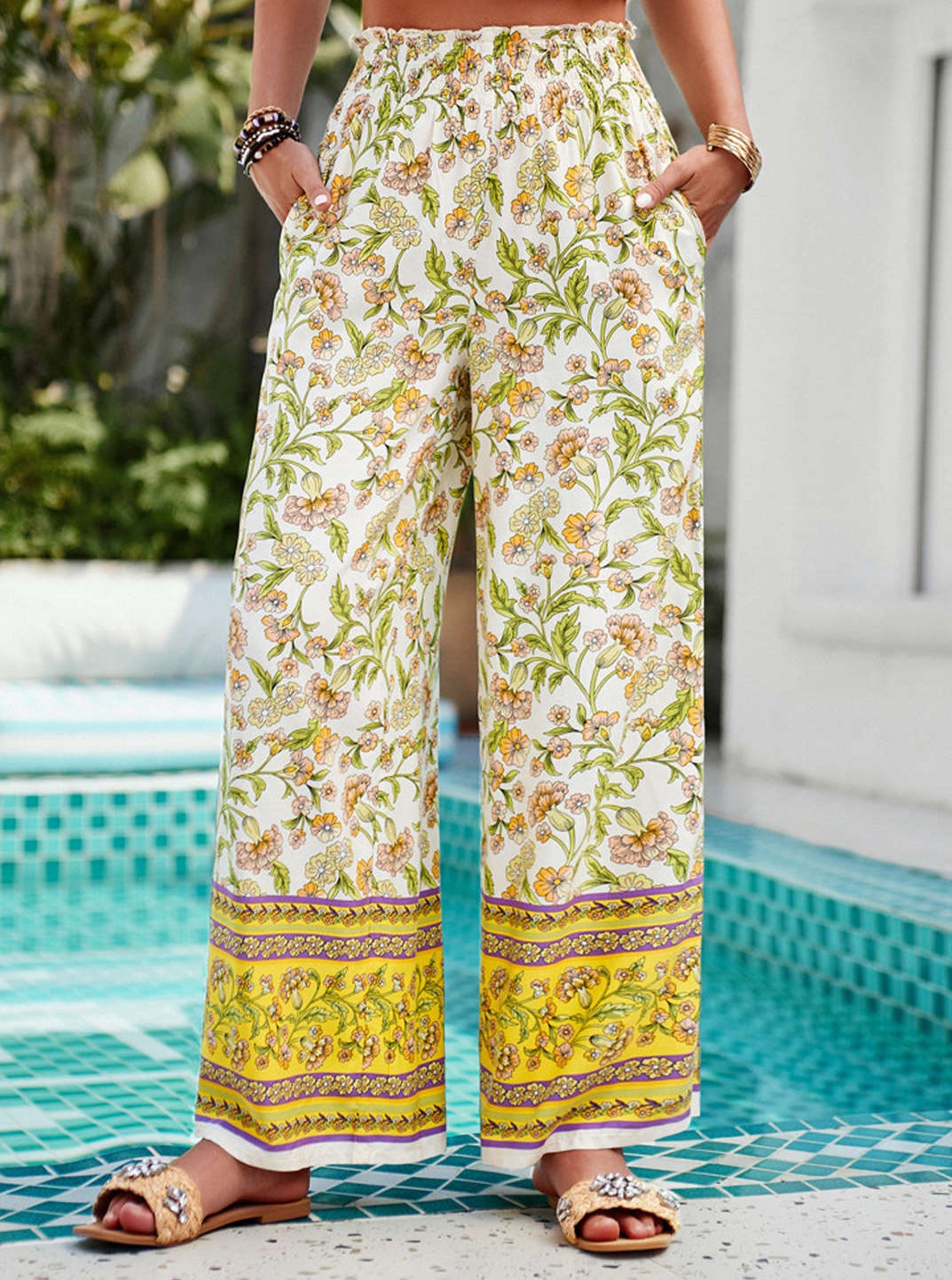 Women's yellow floral print high-waist wide-leg trousers