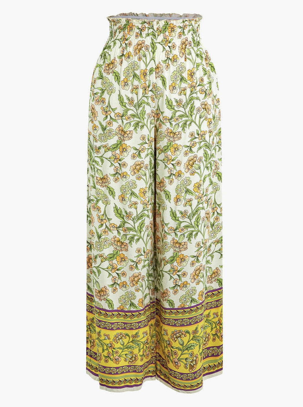 Women's yellow floral print high-waist wide-leg trousers — full length