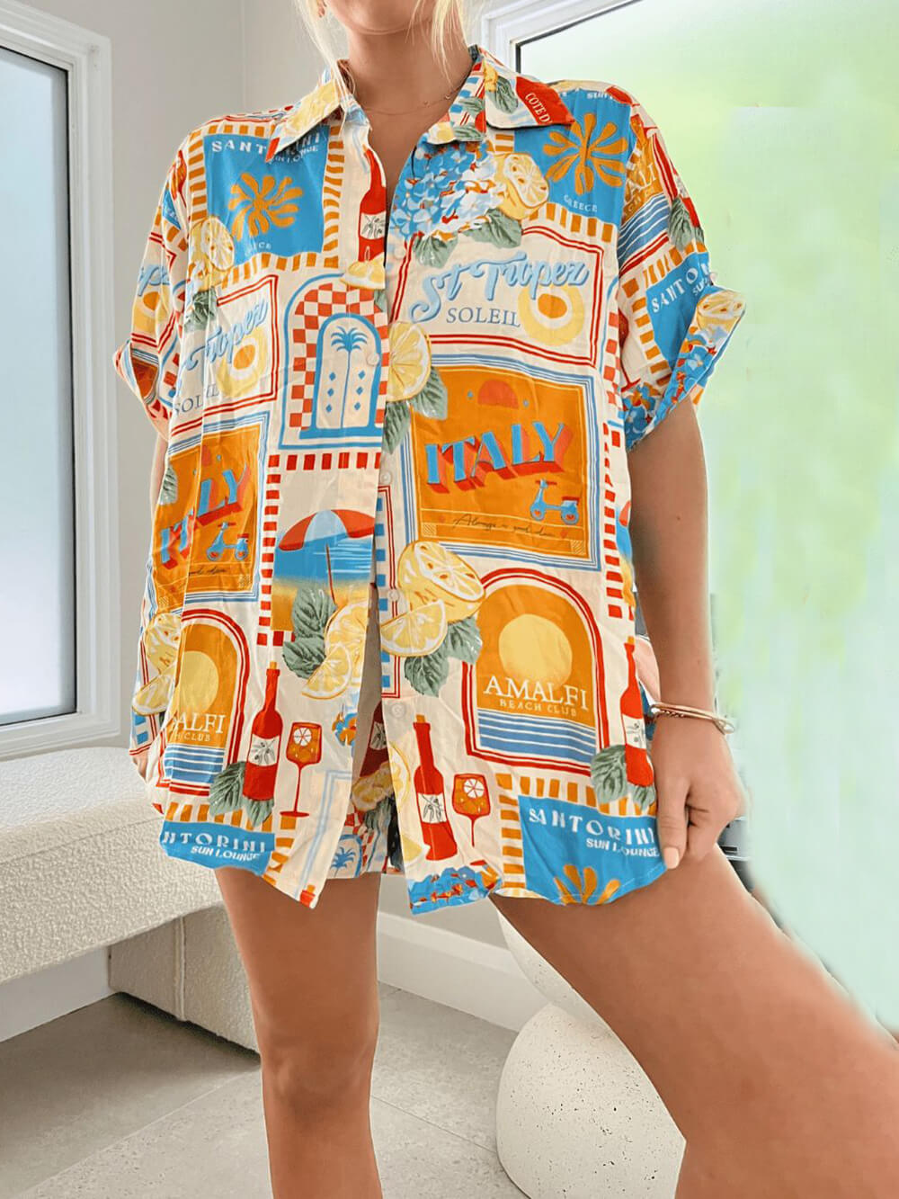 Women's yellow printed shirt and shorts set — alternate angle