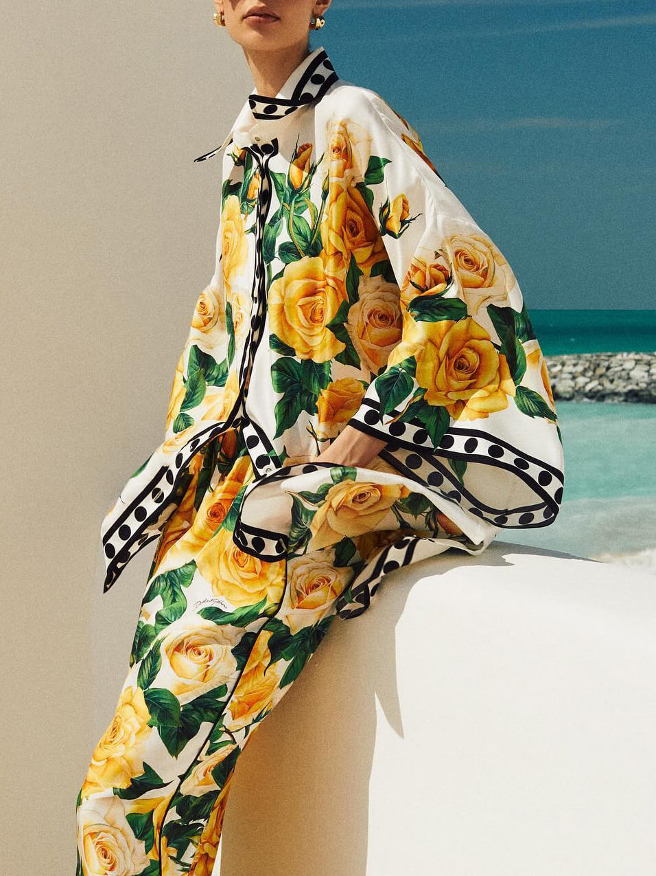 Women's Yellow Rose Print Draped Blouse