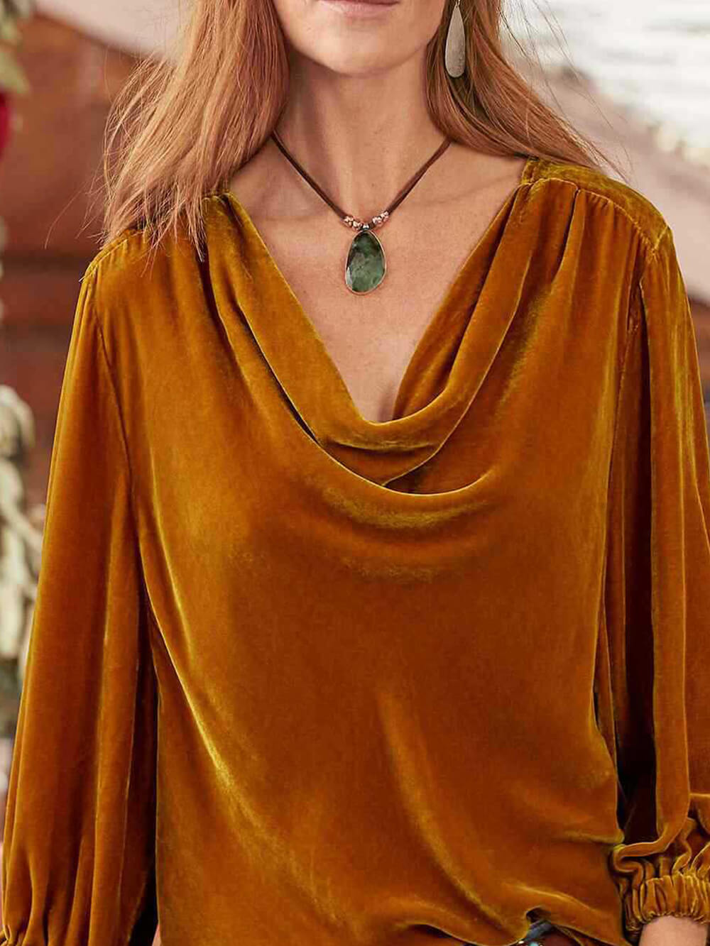 Women's yellow pleated velvet long-sleeve top — alternate angle
