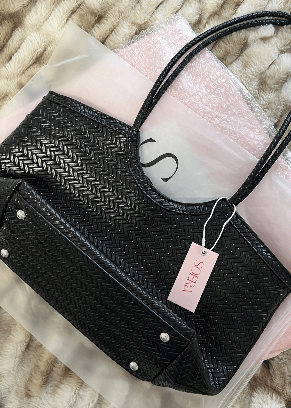 Woven Vegan Leather Tote Bag — women's tote bag, view 5 by Emyri